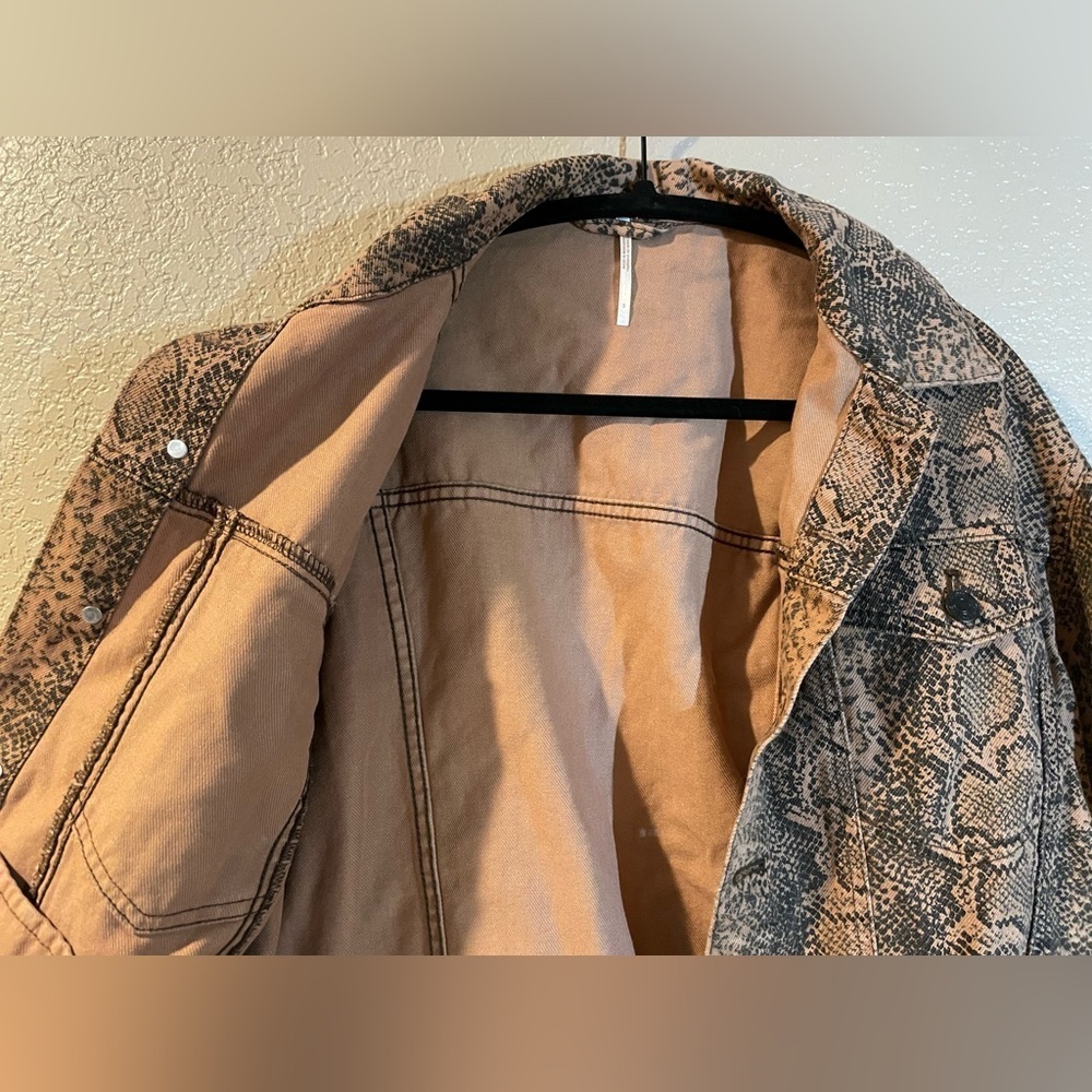 Free People Black and Tan Snakeskin Patterned Denim Jacket - Picture 3 of 6